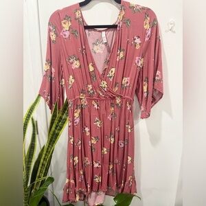 WOMENS S XHILARATION FLORAL PRINT SHORT SLEEVE RUFFLE TRIM‎ WRAP DRESS, GRAY